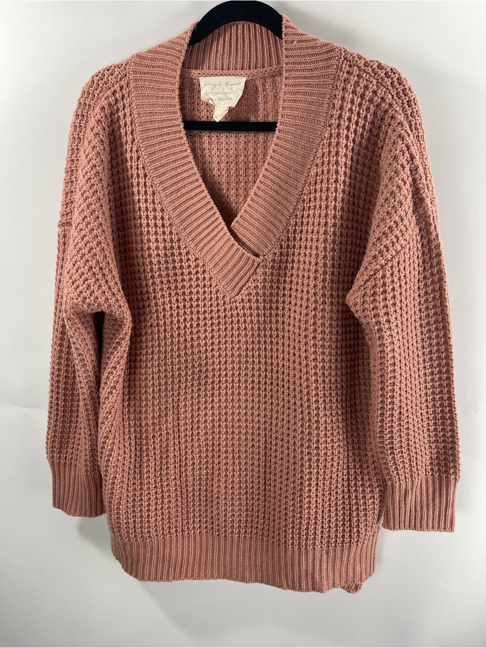 Evy's Tree Dusty Rose V-Neck Waffle Chunky Knit Oversized Large Sweater